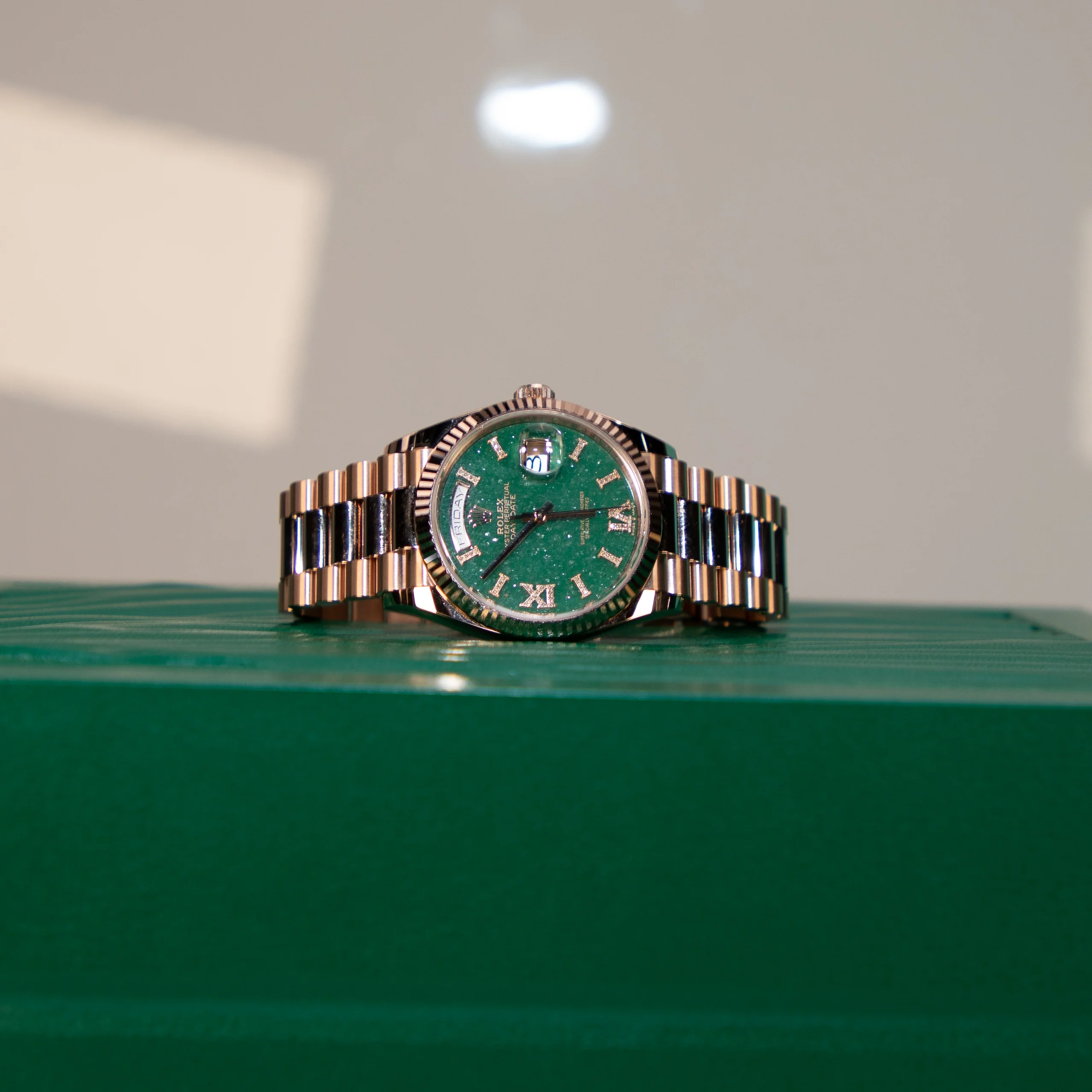 Rolex Day-Date 36 mm Green Aventurine Set With Diamonds Dial 18 kt Everose Gold President Bracelet 128235-0068 - Image 2