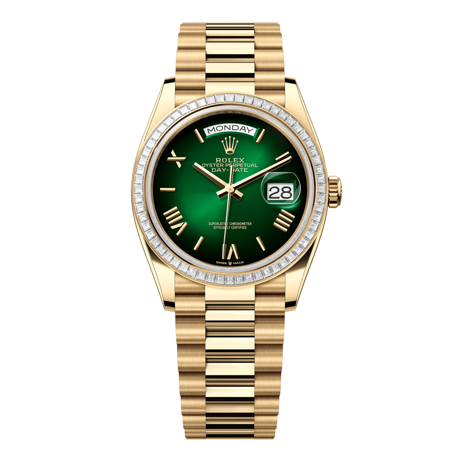 Rolex Day-Date 36 mm Green Ombré Dial with Diamonds 18k Yellow Gold President Bracelet 128398tbr-0028