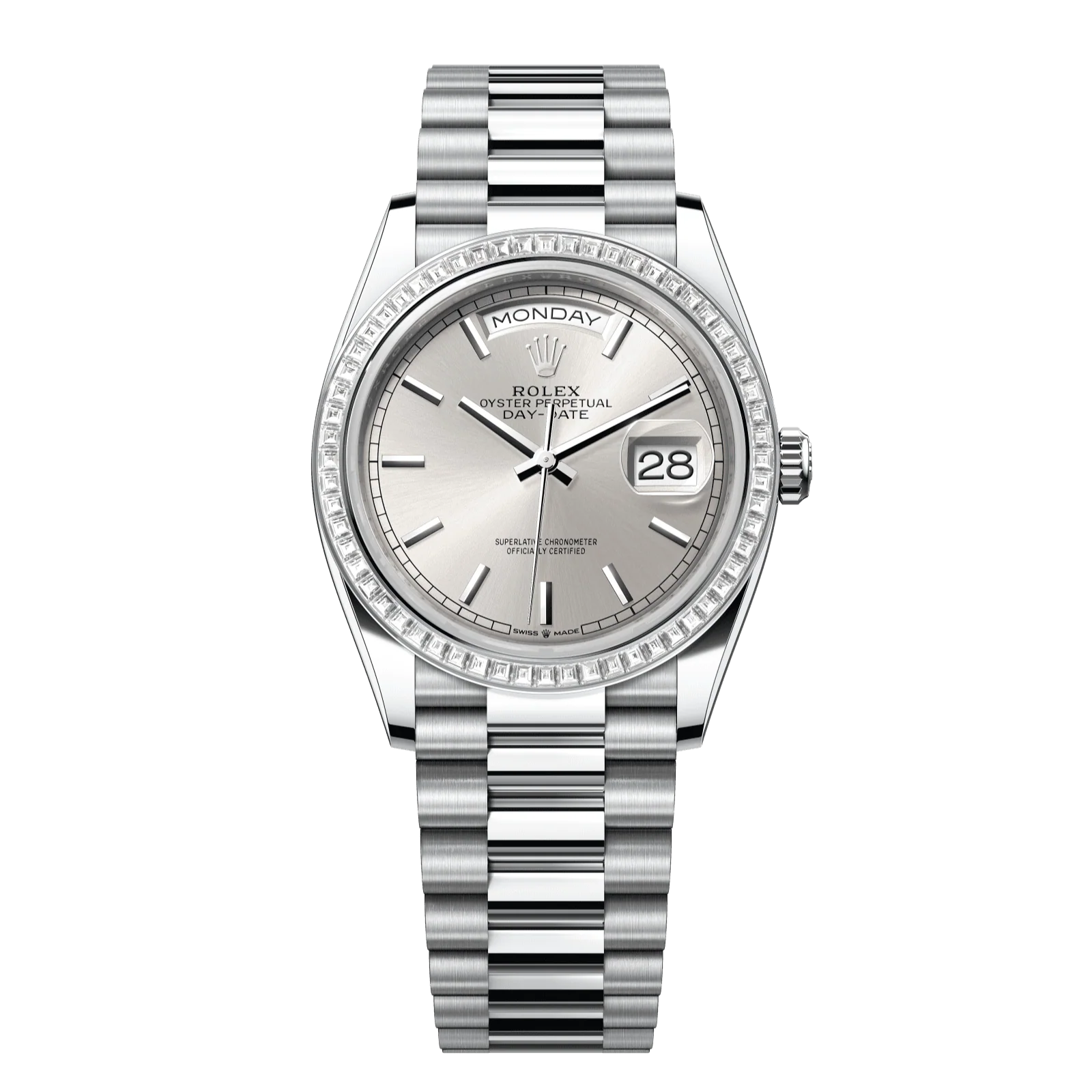 Rolex Day-Date 36 mm Silver Dial with Diamonds Platinum President Bracelet 128396tbr-0004