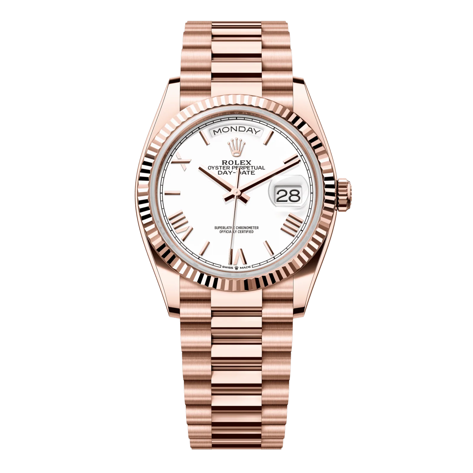Rolex Day-Date 36 mm White Dial 18 kt Everose Gold President Bracelet 128235-0070