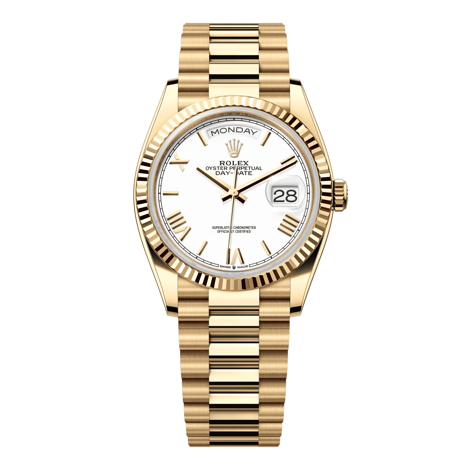 Rolex Day-Date 36 mm White Dial 18k Yellow Gold President Bracelet 128238-0113