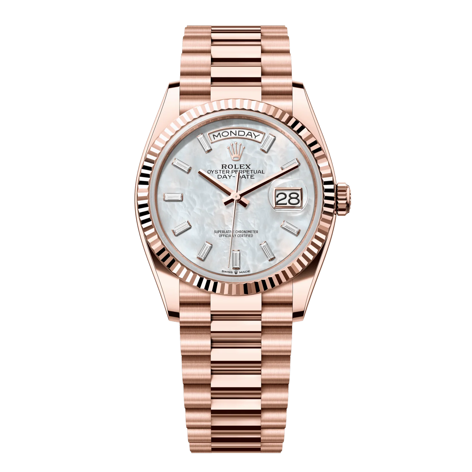 Rolex Day-Date 36 mm White Mother-Of-Pearl Set With Diamonds Dial 18 kt Everose Gold President Bracelet 128235-0078