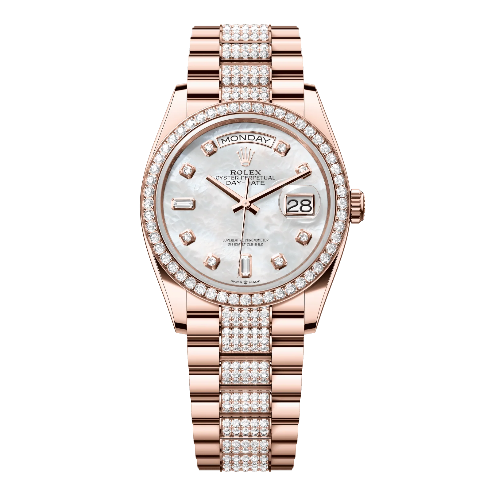 Rolex Day-Date 36 mm White Mother-Of-Pearl Set With Diamonds Dial 18 kt Everose Gold President Bracelet 128345rbr-0030