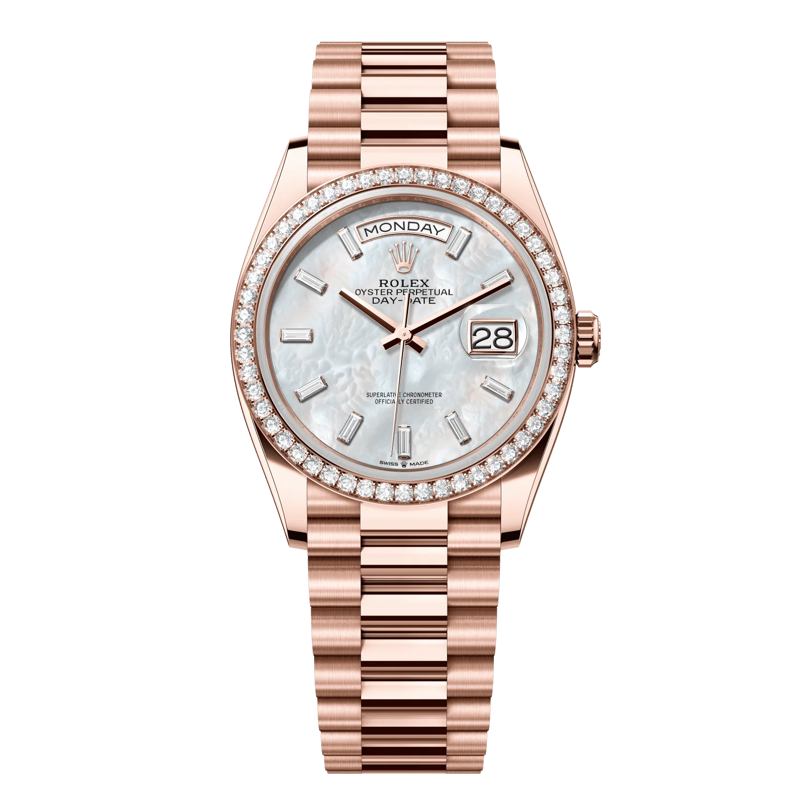 Rolex Day-Date 36 mm White Mother-Of-Pearl Set With Diamonds Dial 18 kt Everose Gold President Bracelet 128345rbr-0077