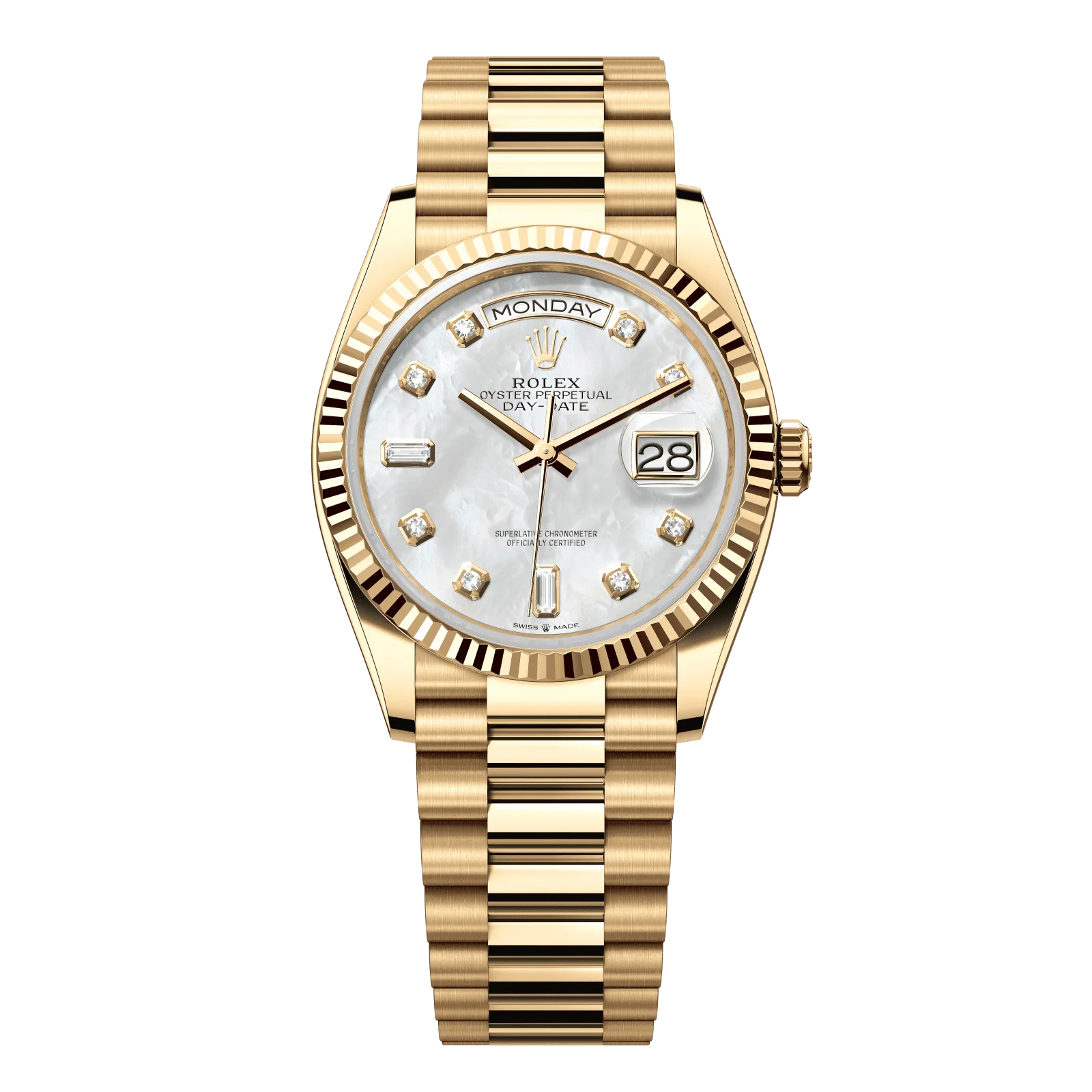 Rolex Day-Date 36 mm White Mother-Of-Pearl Set With Diamonds Dial 18k Yellow Gold President Bracelet 128238-0011