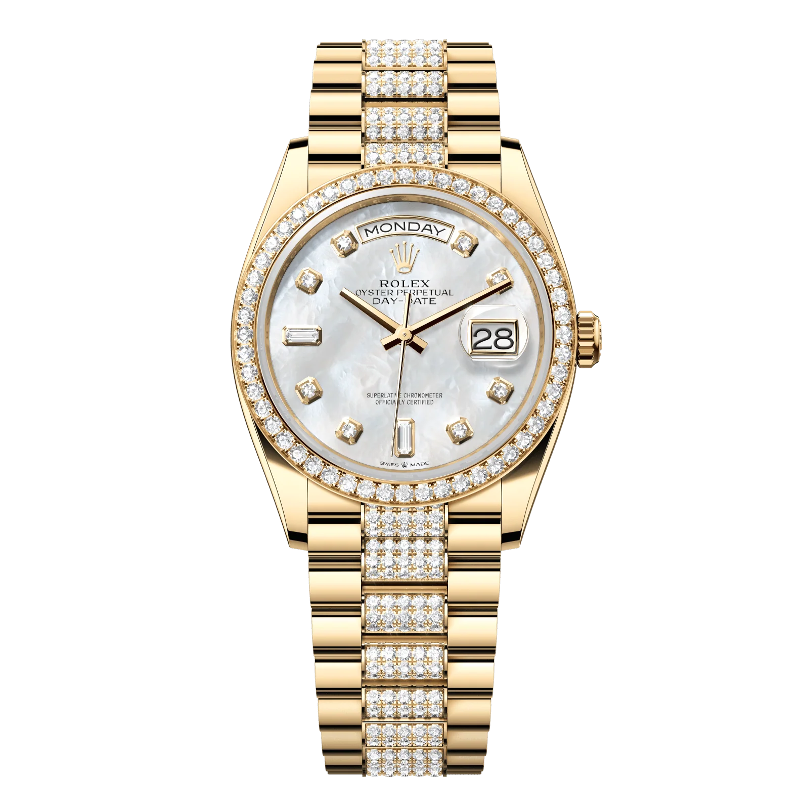 Rolex Day-Date 36 mm White Mother-Of-Pearl Set With Diamonds Dial 18k Yellow Gold President Bracelet 128348rbr-0019