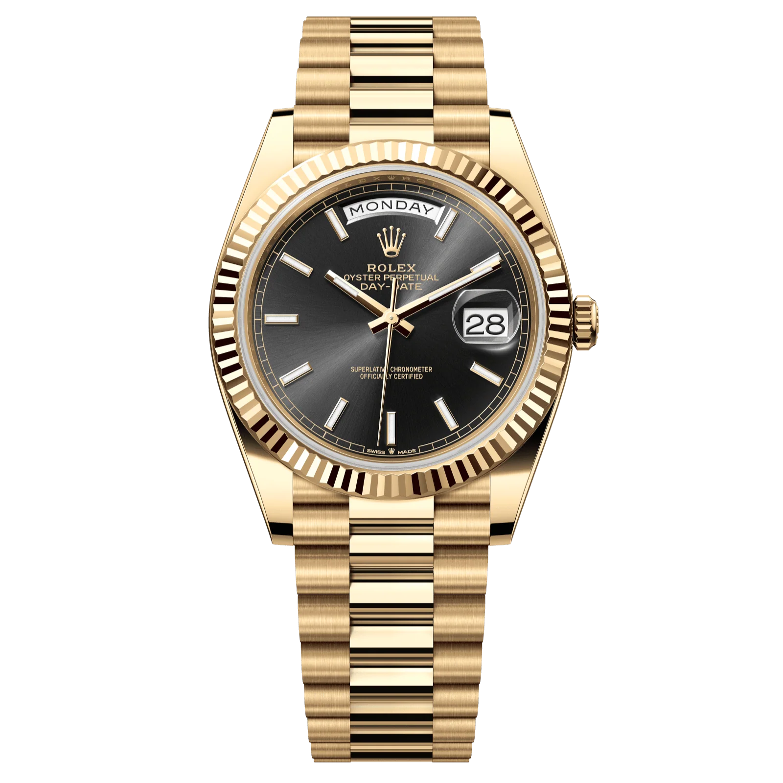 Rolex Day-Date 40 mm Bright Black Dial 18k Yellow Gold President Bracelet 228238-0067