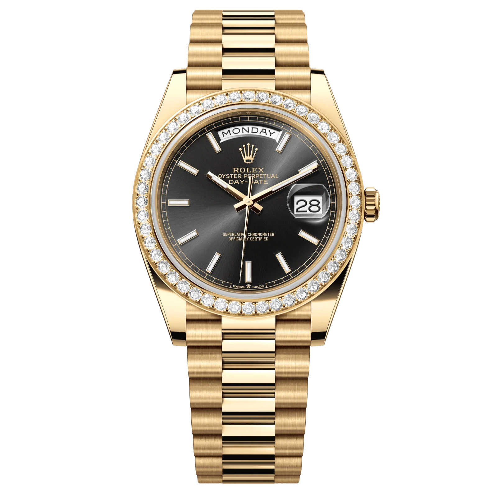 Rolex Day-Date 40 mm Bright Black Dial with Diamonds 18k Yellow Gold President Bracelet 228348rbr-0043