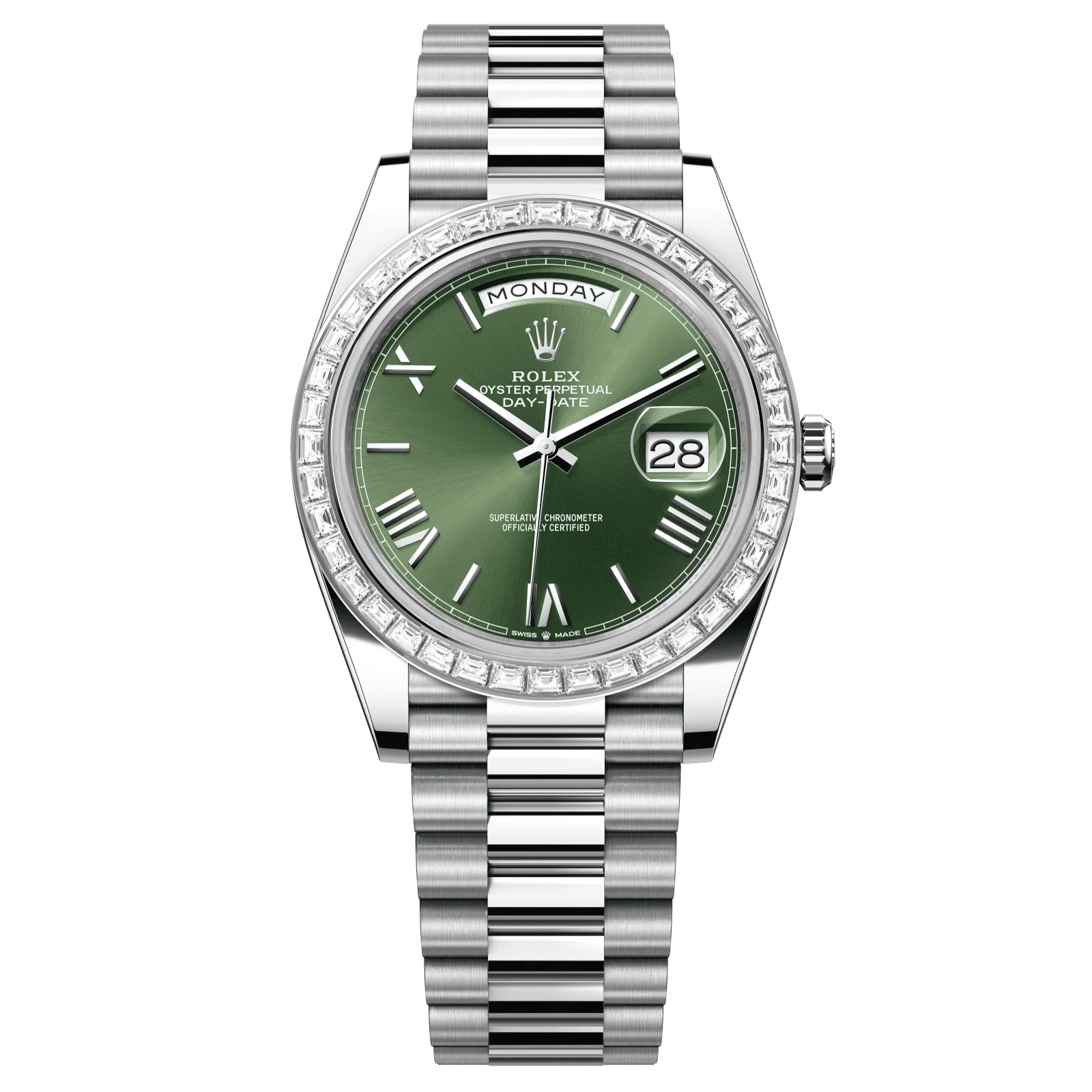 Rolex Day-Date 40 mm Olive Green Dial with Diamonds Platinum President Bracelet 228396tbr-0020