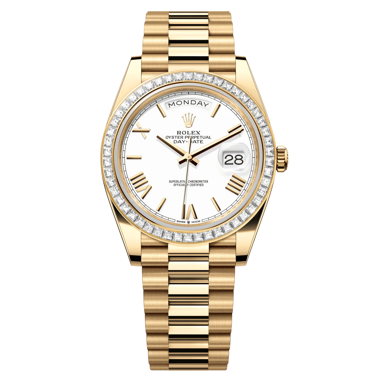 Rolex Day-Date 40 mm White Dial with Diamonds 18k Yellow Gold President Bracelet 228398tbr-0033