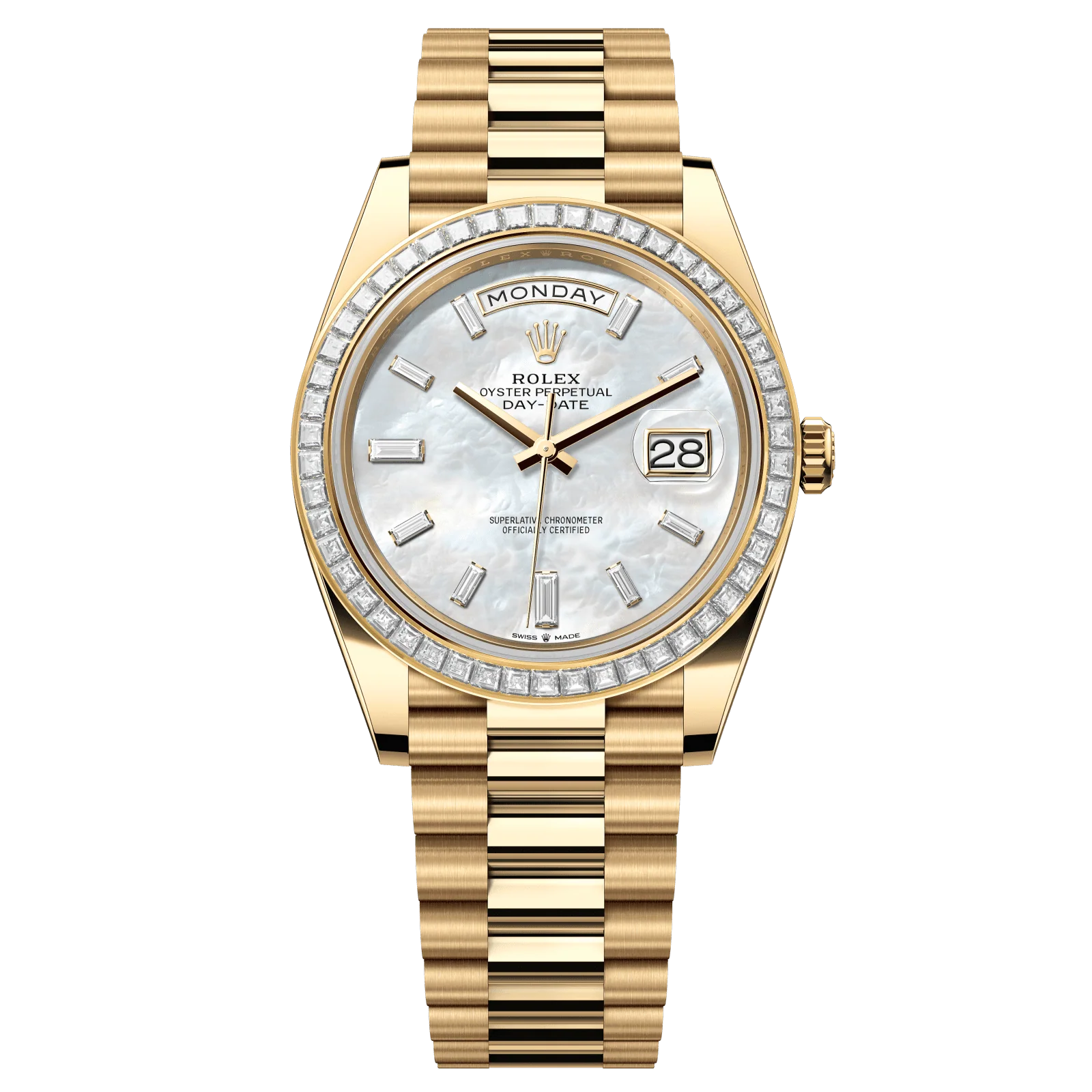 Rolex Day-Date 40 mm White Mother-Of-Pearl Set With Diamonds Dial 18k Yellow Gold President Bracelet 228398tbr-0043