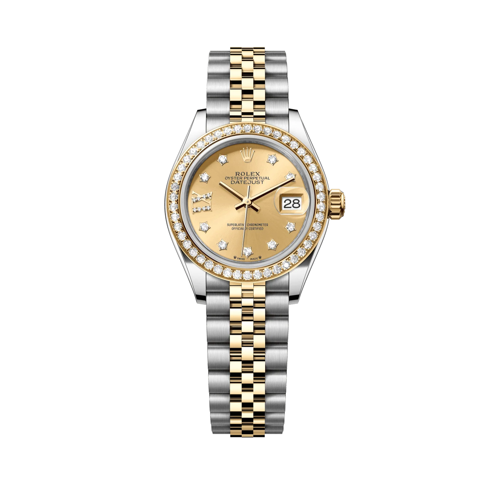 Rolex Lady-Datejust 28 mm Champagne-Colour Set With Diamonds Dial Oystersteel and 18k Yellow Gold Jubilee Bracelet 279383rbr-0021