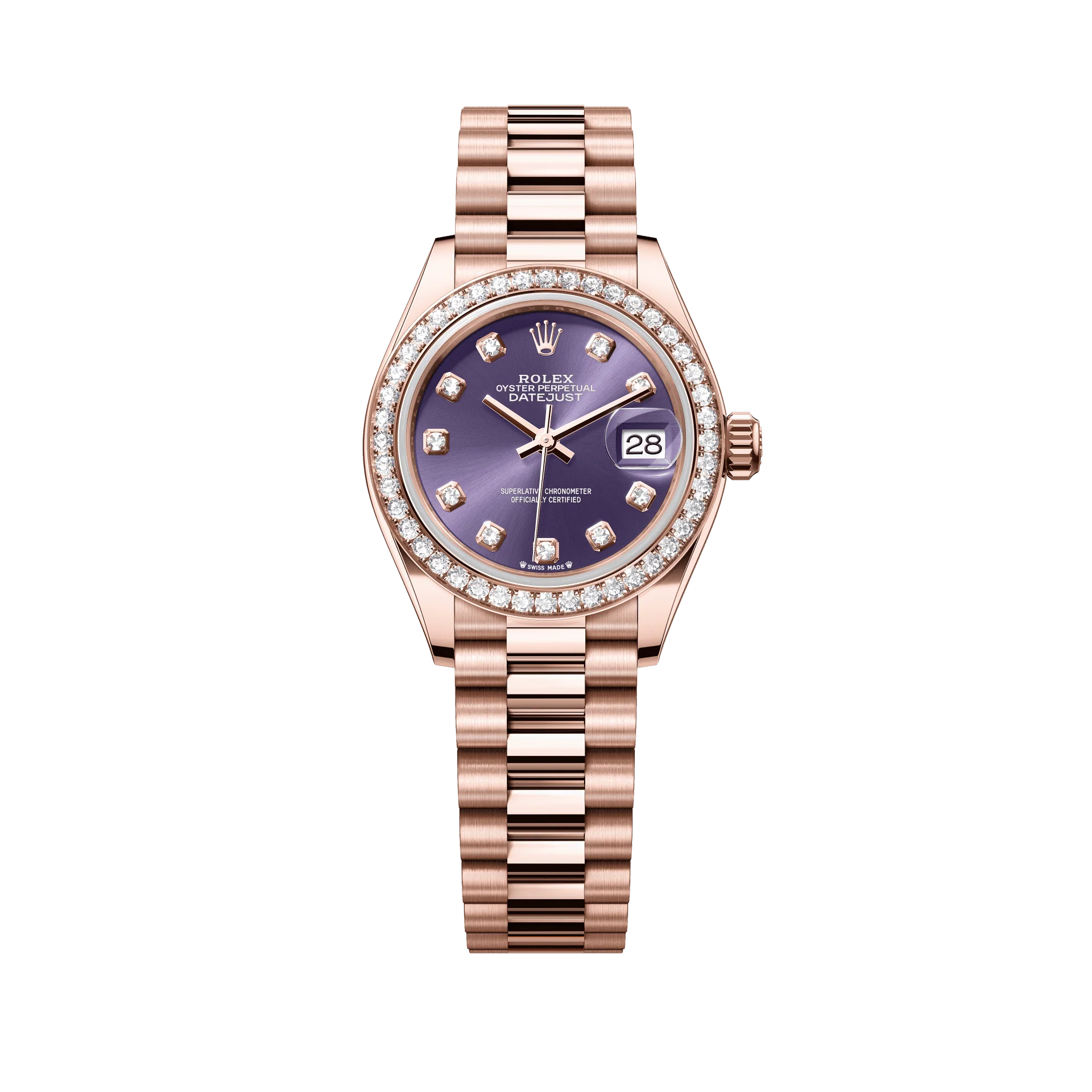 Rolex Oyster 28 mm Aubergine Set With Diamonds Dial 18 kt Everose Gold President, Semi-Circular Three-Piece Links 279135rbr-0020