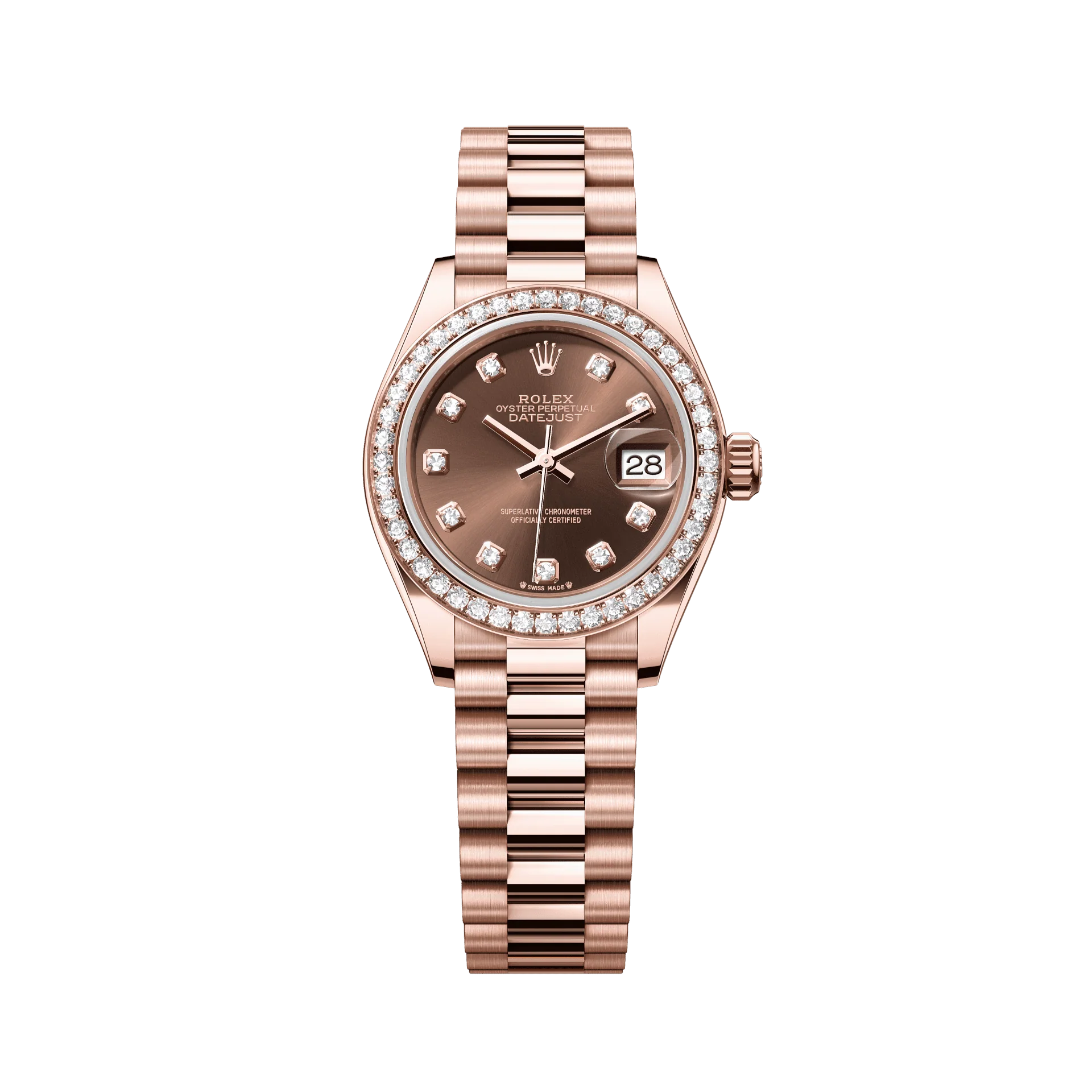 Rolex Oyster 28 mm Chocolate Set With Diamonds Dial 18 kt Everose Gold President, Semi-Circular Three-Piece Links 279135rbr-0017