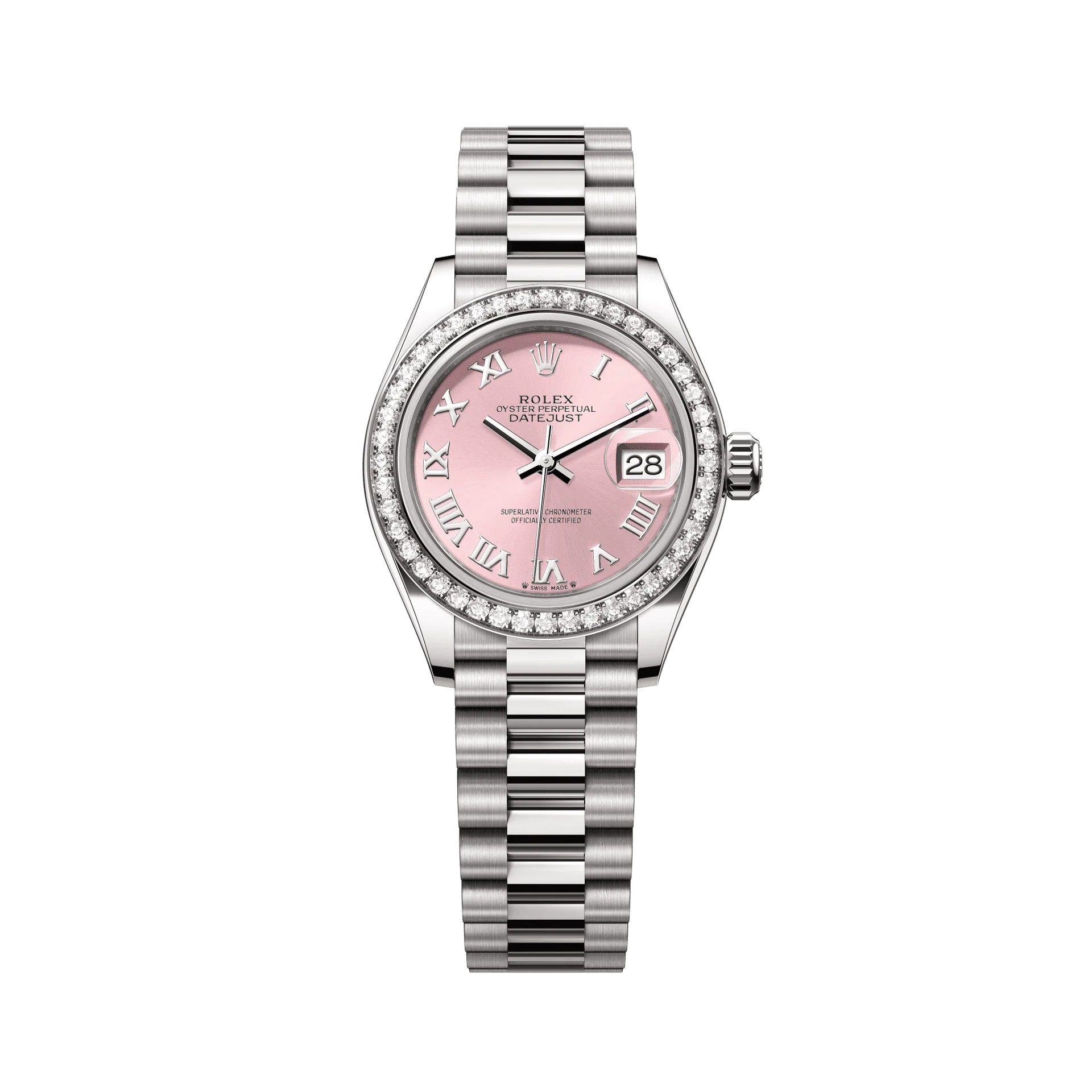 Rolex Oyster 28 mm Pink Dial 18 kt White Gold President, Semi-Circular Three-Piece Links 279139rbr-0012