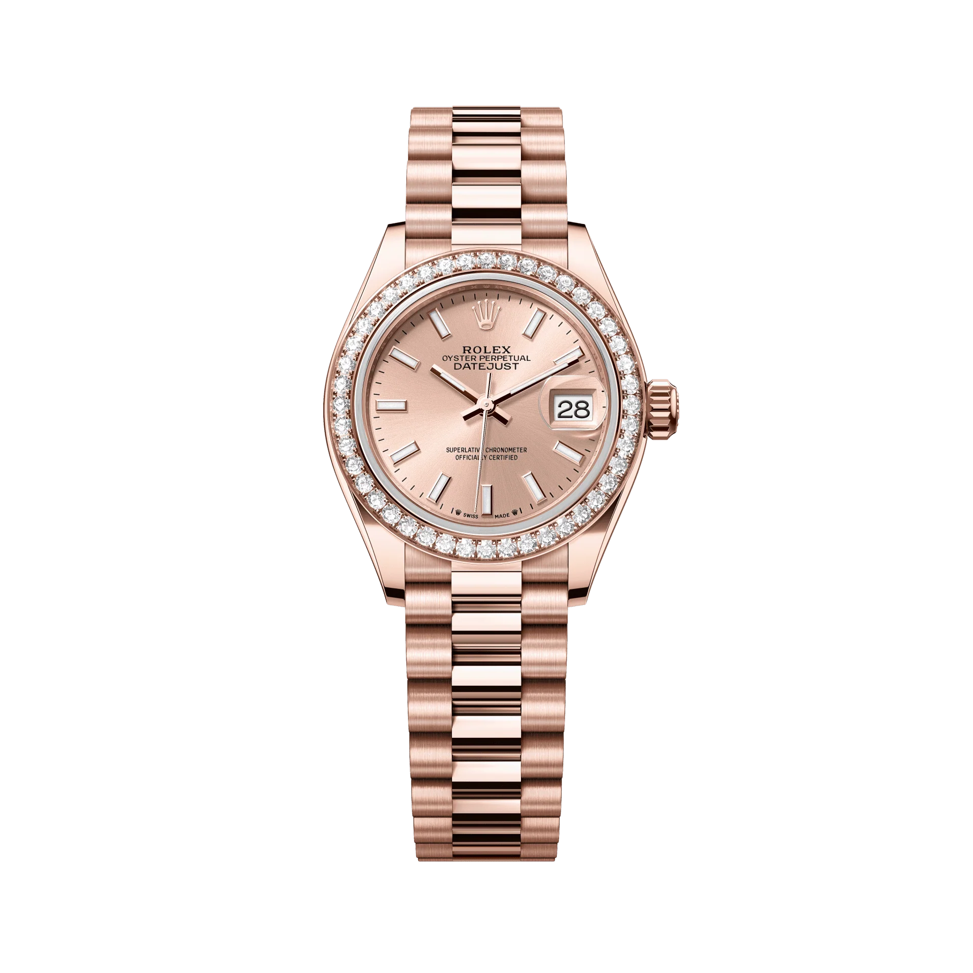 Rolex Oyster 28 mm Rose-colour Dial 18 kt Everose Gold President, Semi-Circular Three-Piece Links 279135rbr-0025