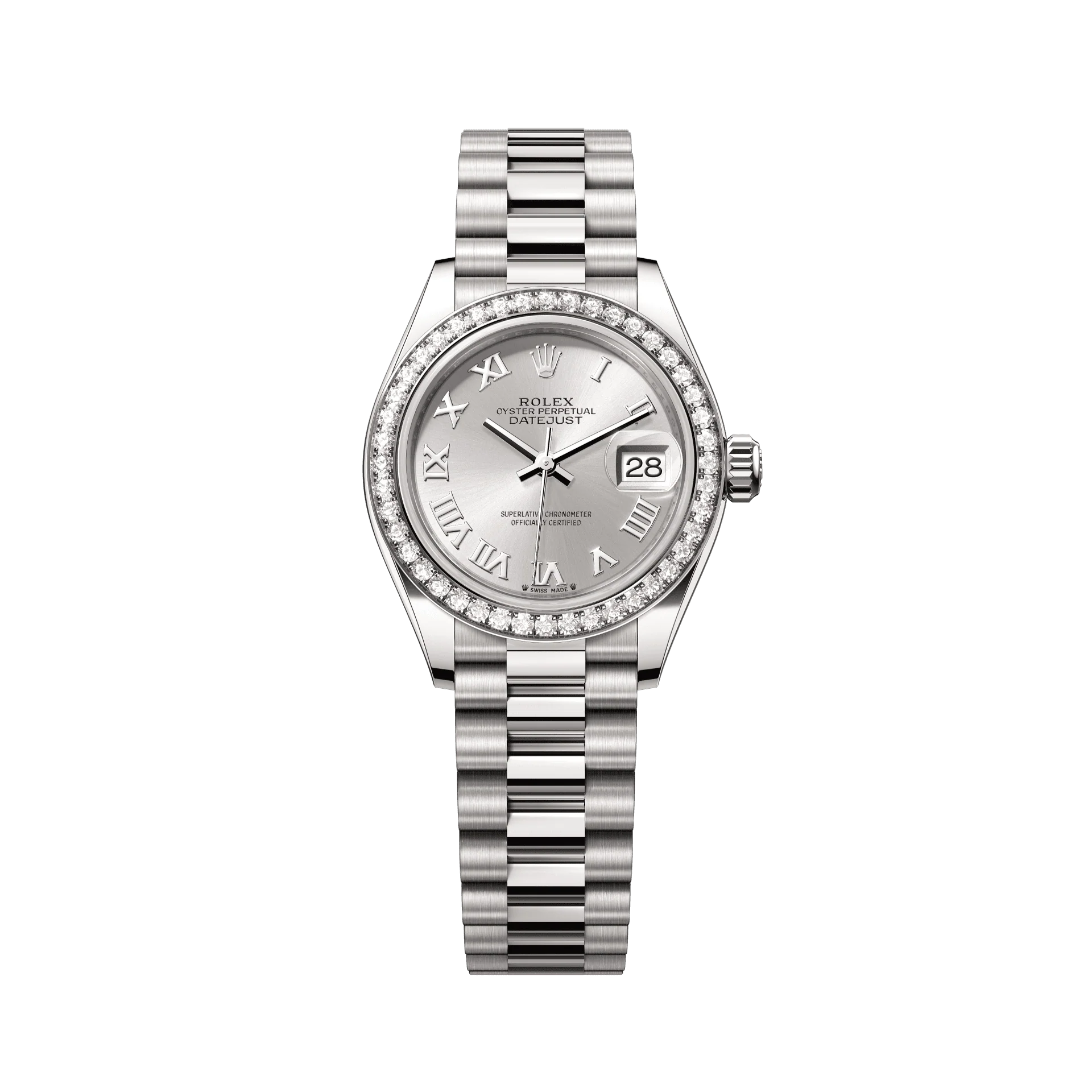Rolex Oyster 28 mm Silver Dial 18 kt White Gold President, Semi-Circular Three-Piece Links 279139rbr-0007