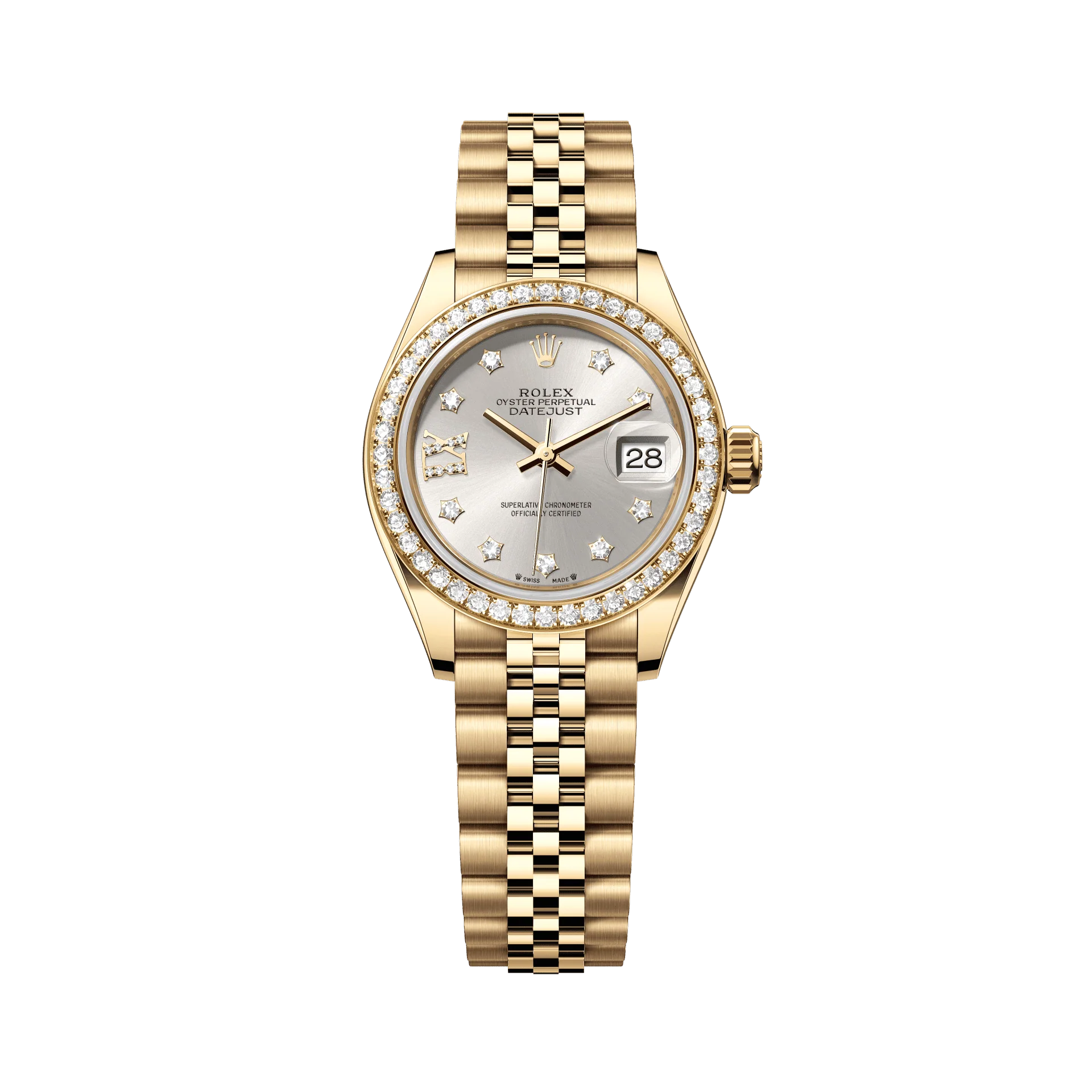 Rolex Oyster 28 mm Silver set with Diamonds Dial 18k Yellow Gold Jubilee Bracelet. 279138rbr-0002