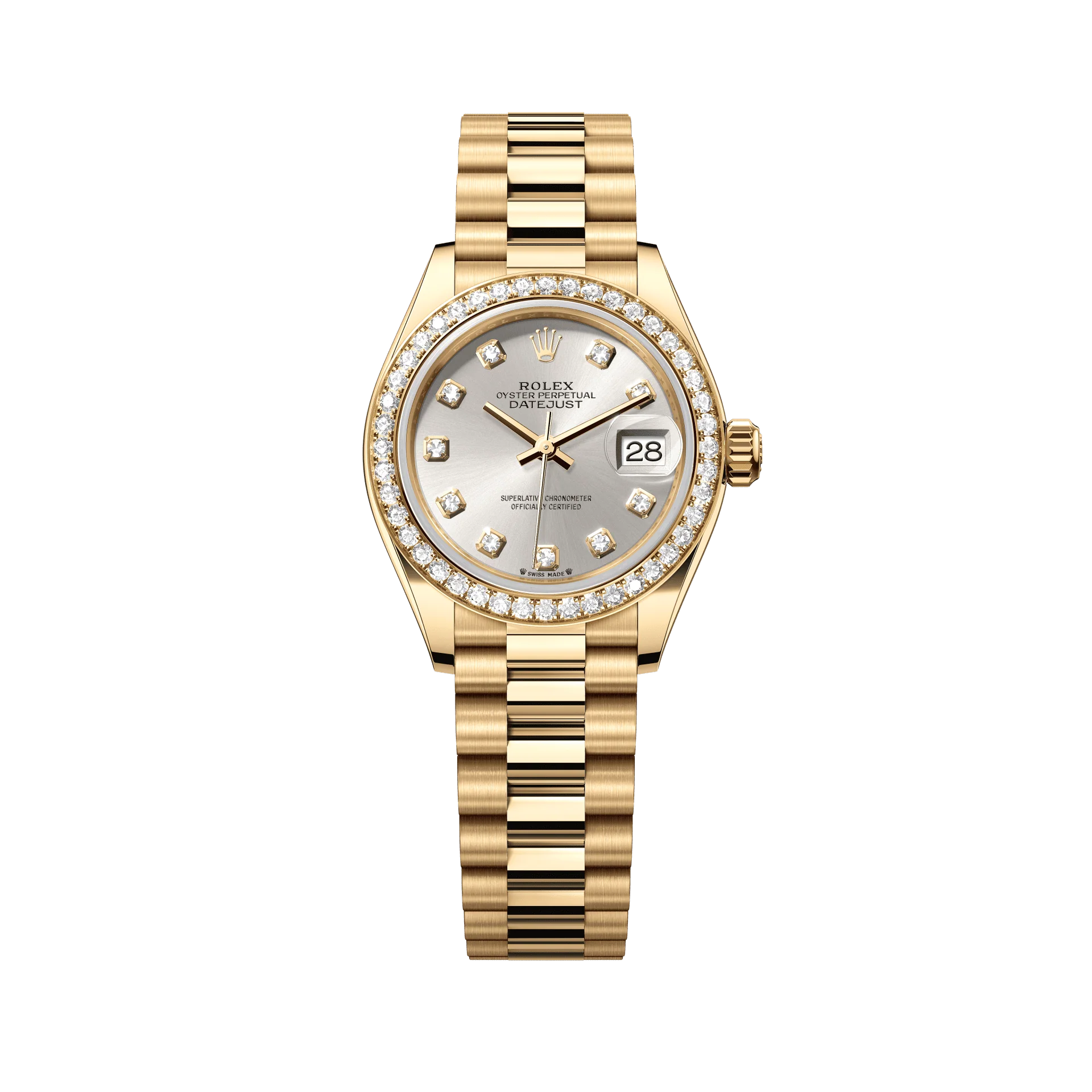 Rolex Oyster 28 mm Silver set with diamonds Dial 18k Yellow Gold President Bracelet 279138rbr-0019
