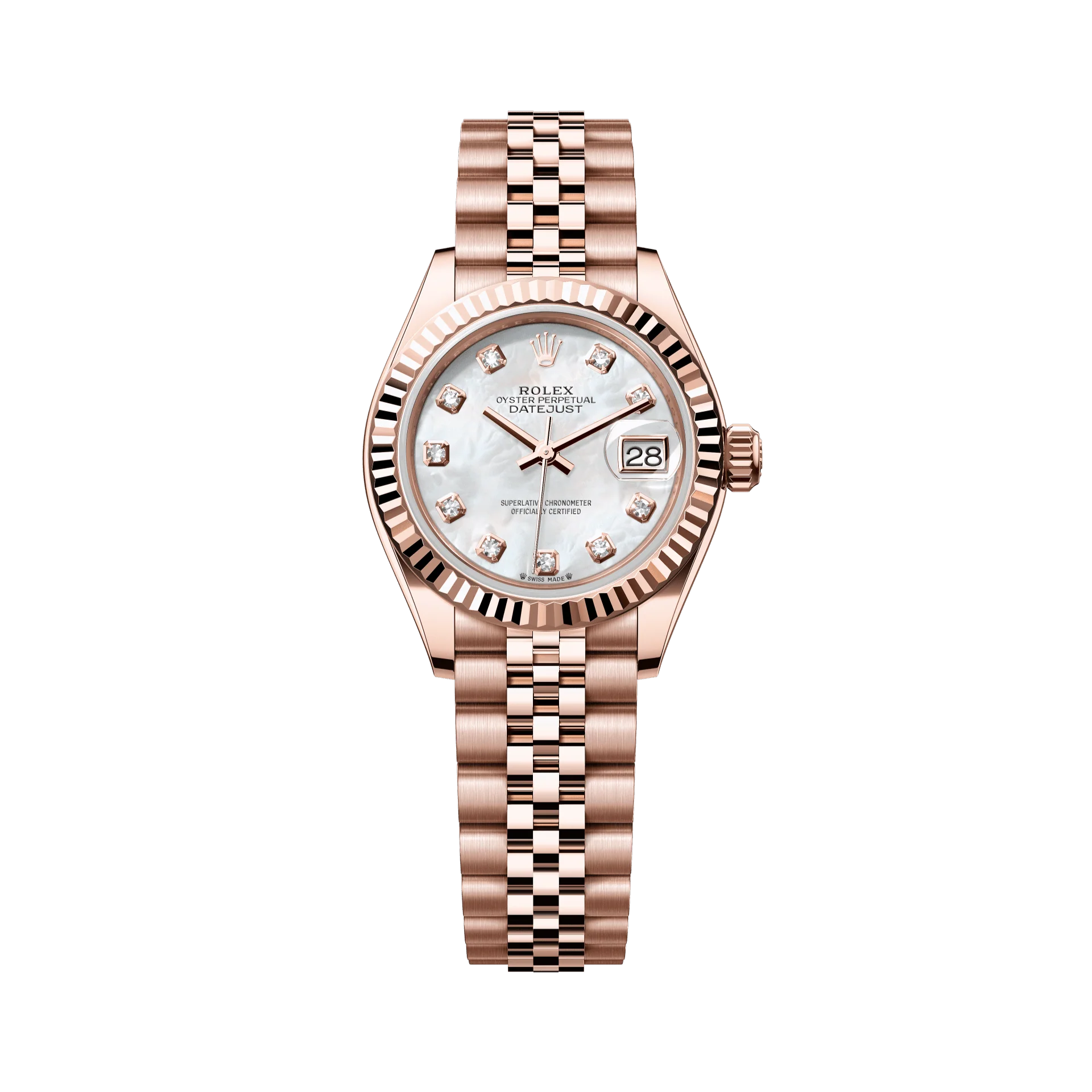 Rolex Oyster 28 mm White Mother-Of-Pearl Set With Diamonds Dial 18 kt Everose Gold Jubilee 279175-0018