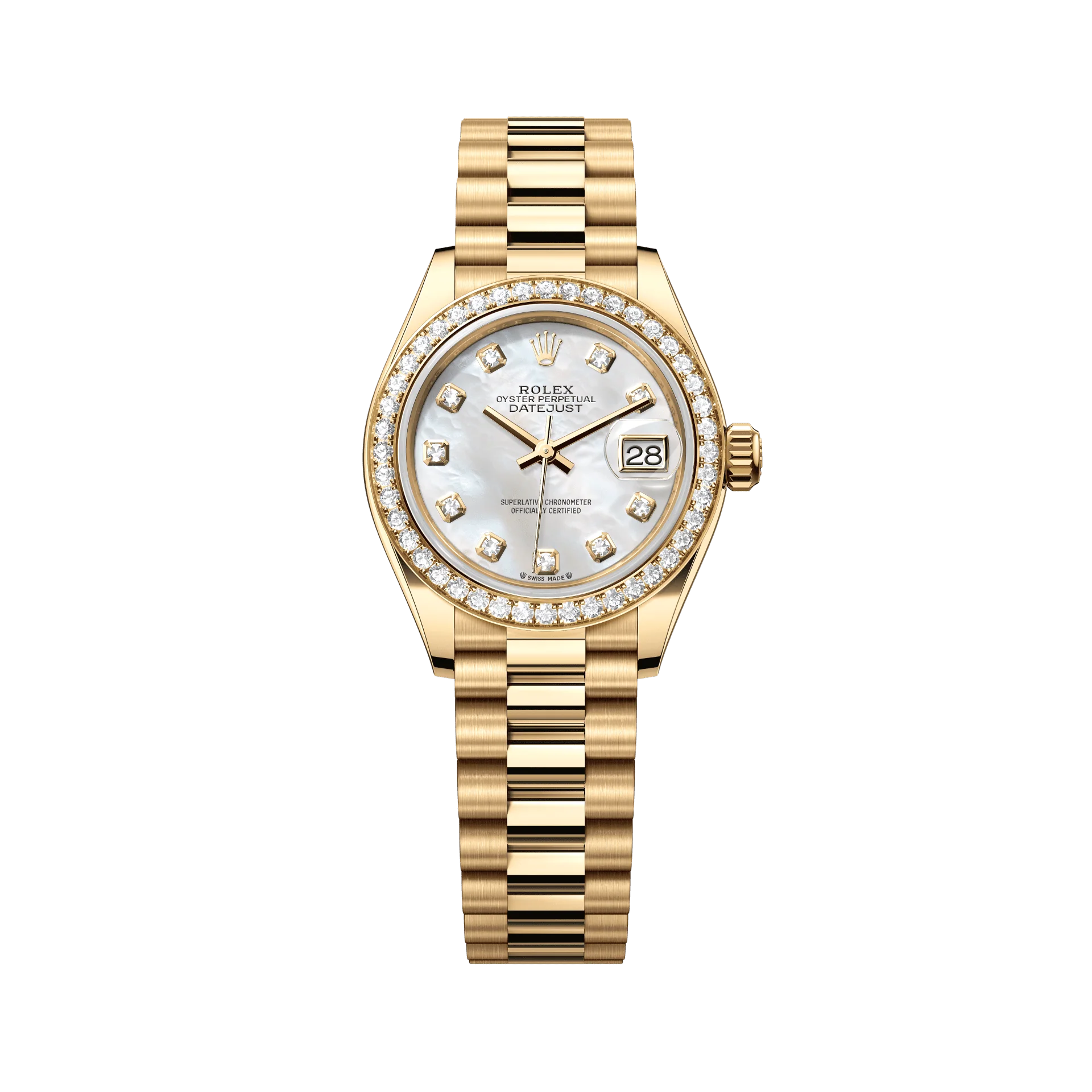Rolex Oyster 28 mm White Mother-Of-Pearl Set With Diamonds Dial 18k Yellow Gold President Bracelet 279138rbr-0015
