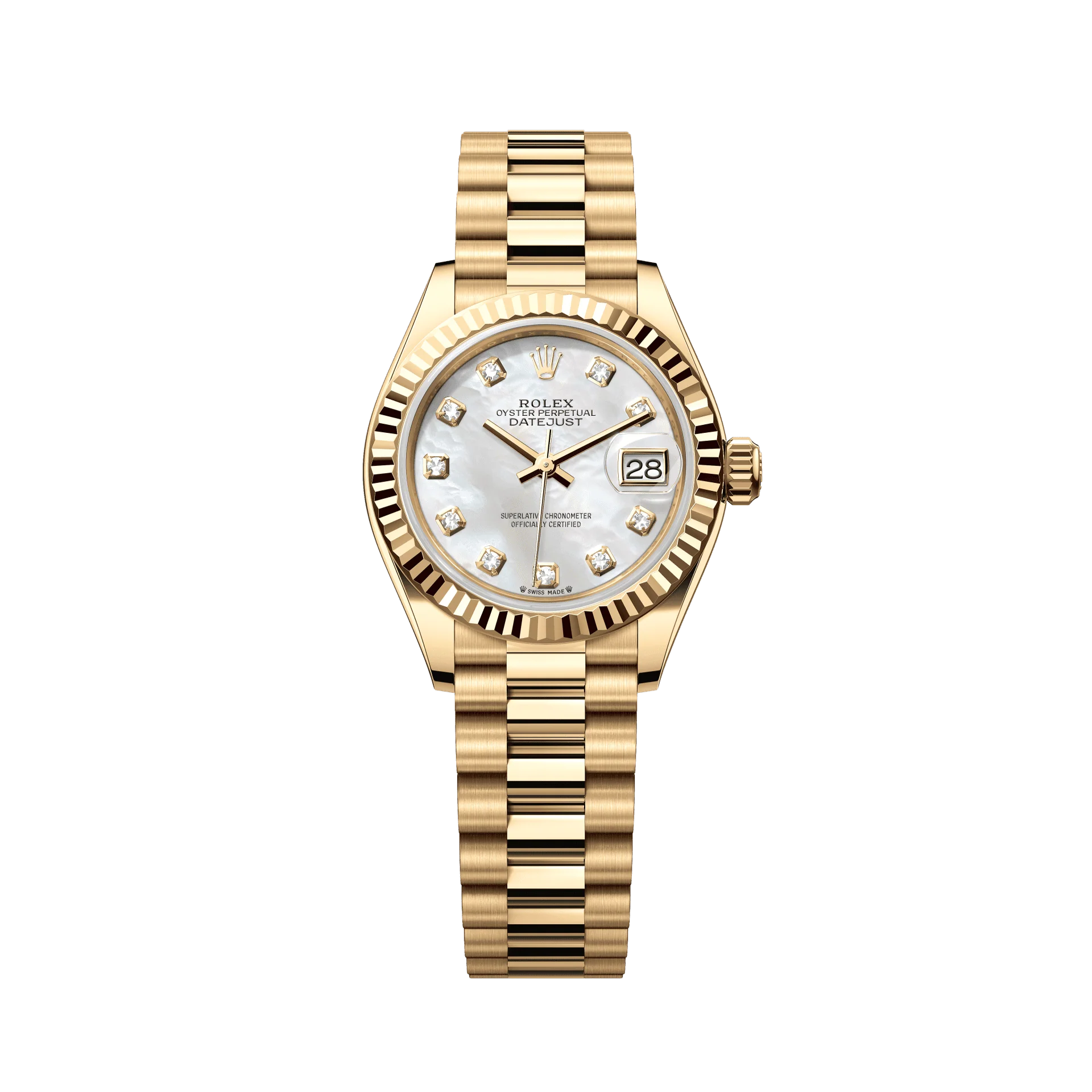 Rolex Oyster 28 mm White mother-of-pearl set with diamonds Dial 18k Yellow Gold President Bracelet 279178-0025