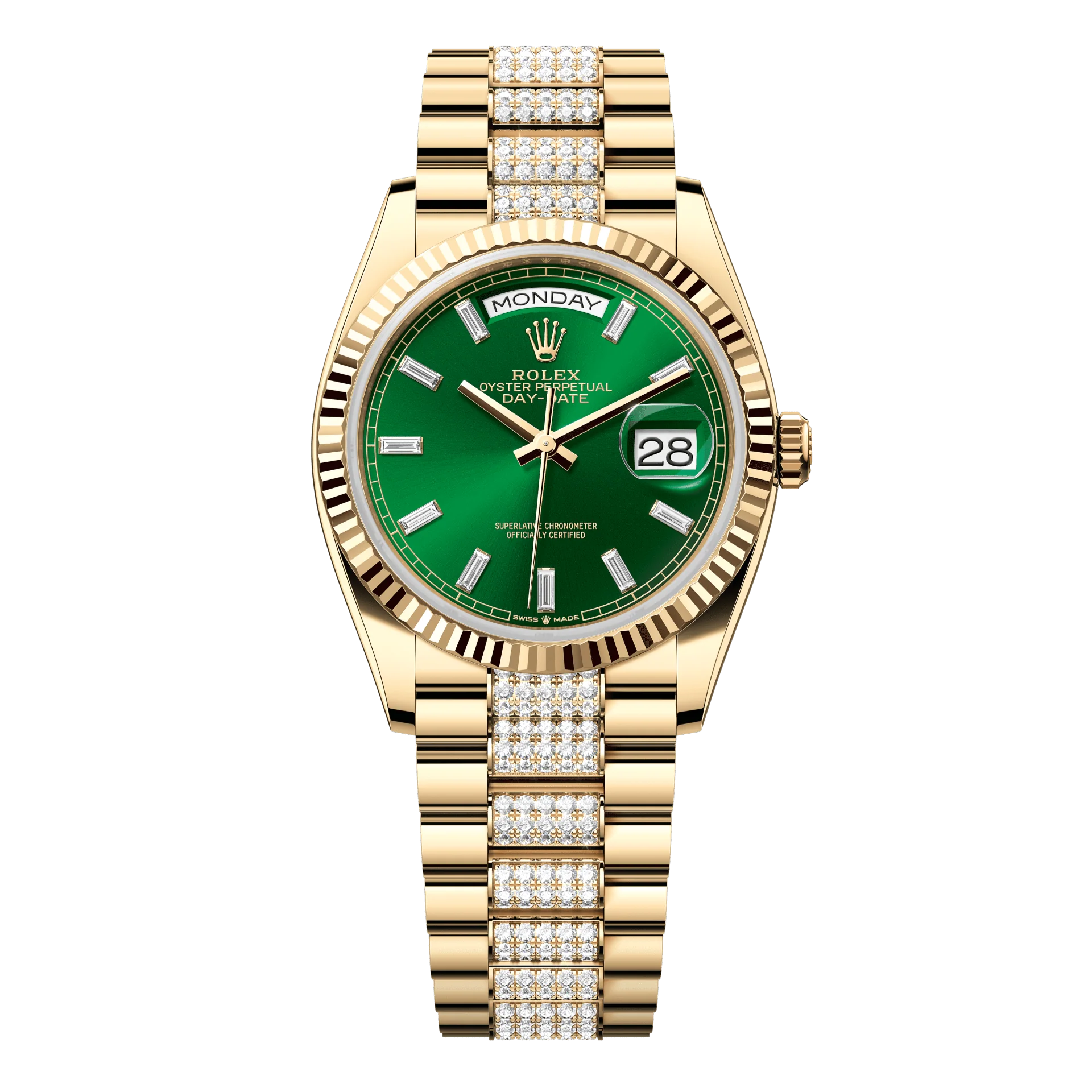 Rolex Oyster 36 mm Bright Green Set With Diamonds Dial 18k Yellow Gold Diamond-set President 128238-0131