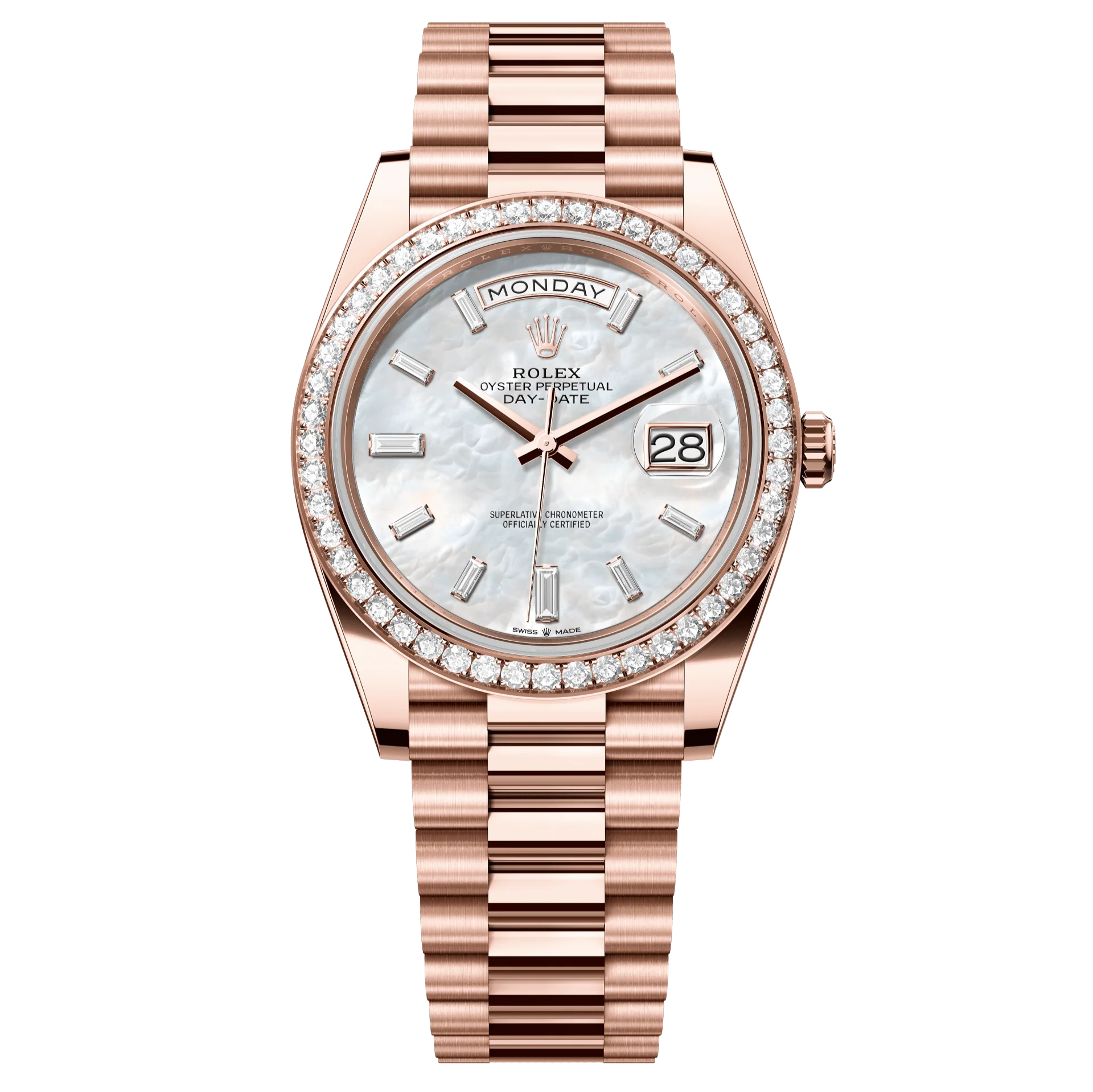 Rolex Oyster 40 mm White Mother-Of-Pearl Set With Diamonds Dial 18 kt Everose Gold President, Semi-Circular Three-Piece Links 228345rbr-0026