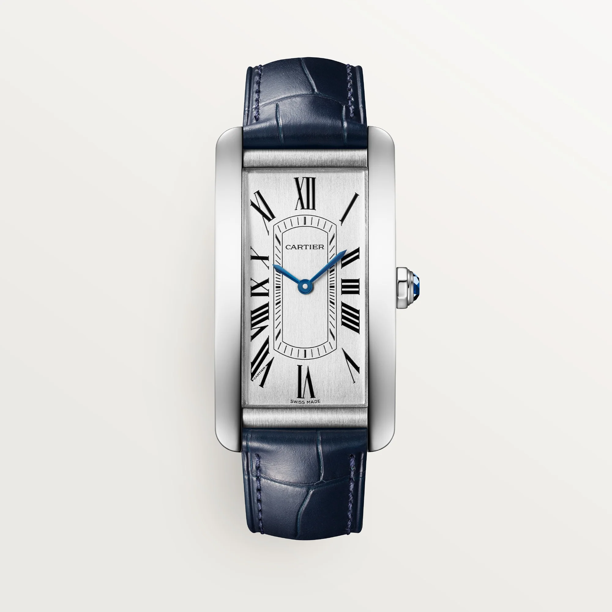 Cartier Tank Américaine Large Steel Silver Dial Navy Blue Skin Strap WSTA0083