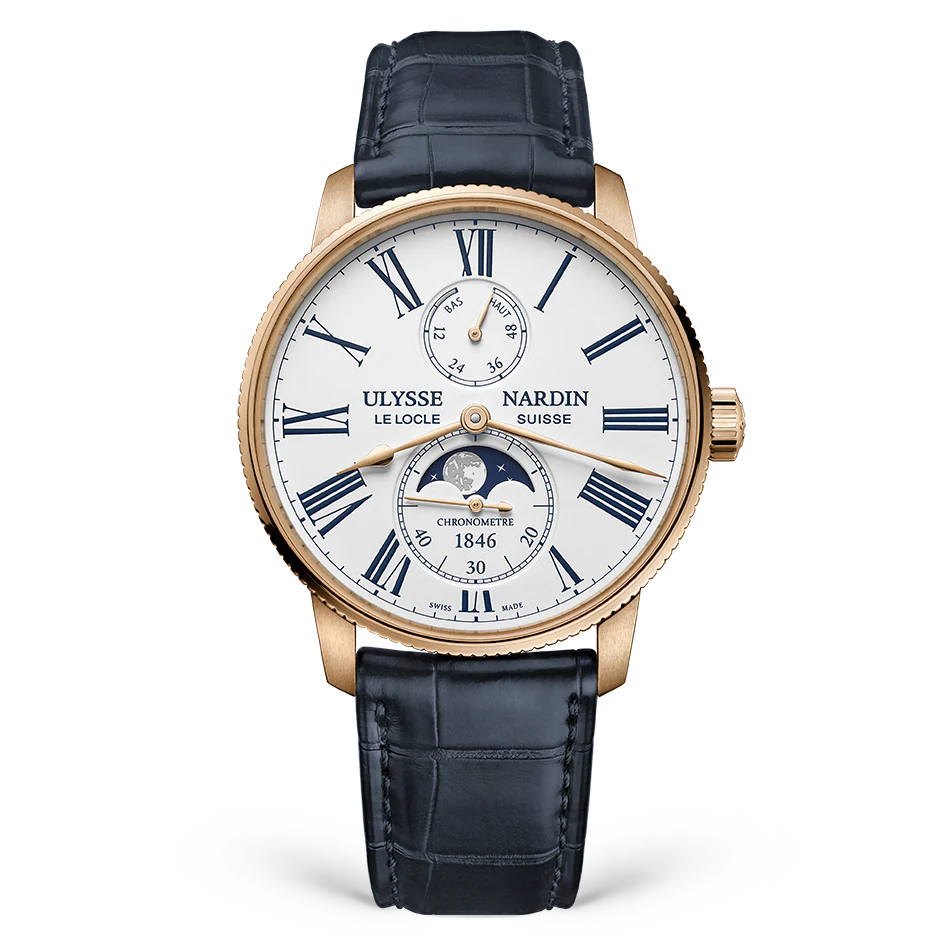 Ulysse Nardin Marine Torpilleur Moonphase 42 mm White Dial 18k Rose Gold Leather Strap 1192-310-0A/1A