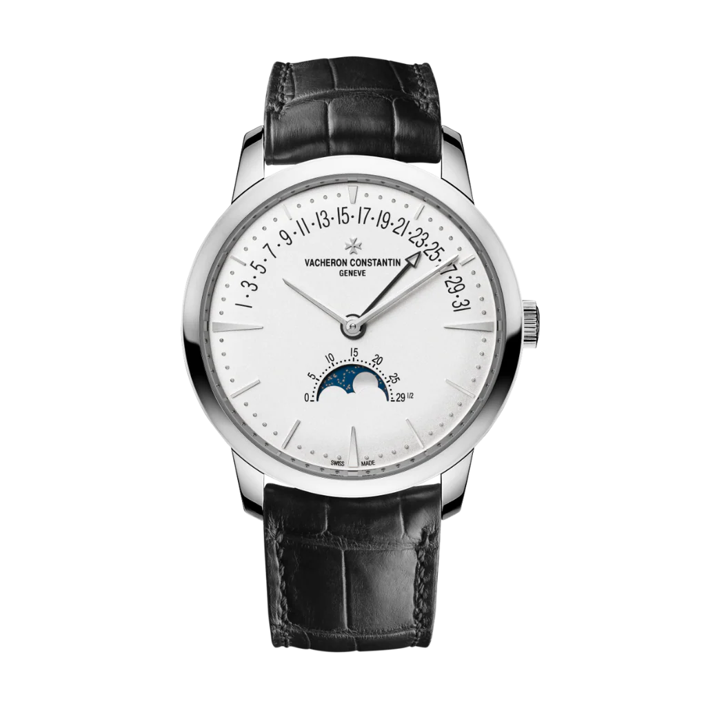 Vacheron Constantin Patrimony moon phase retrograde date 42.5 mm Silver Dial White Gold Leather Strap 4010U/000G-B330