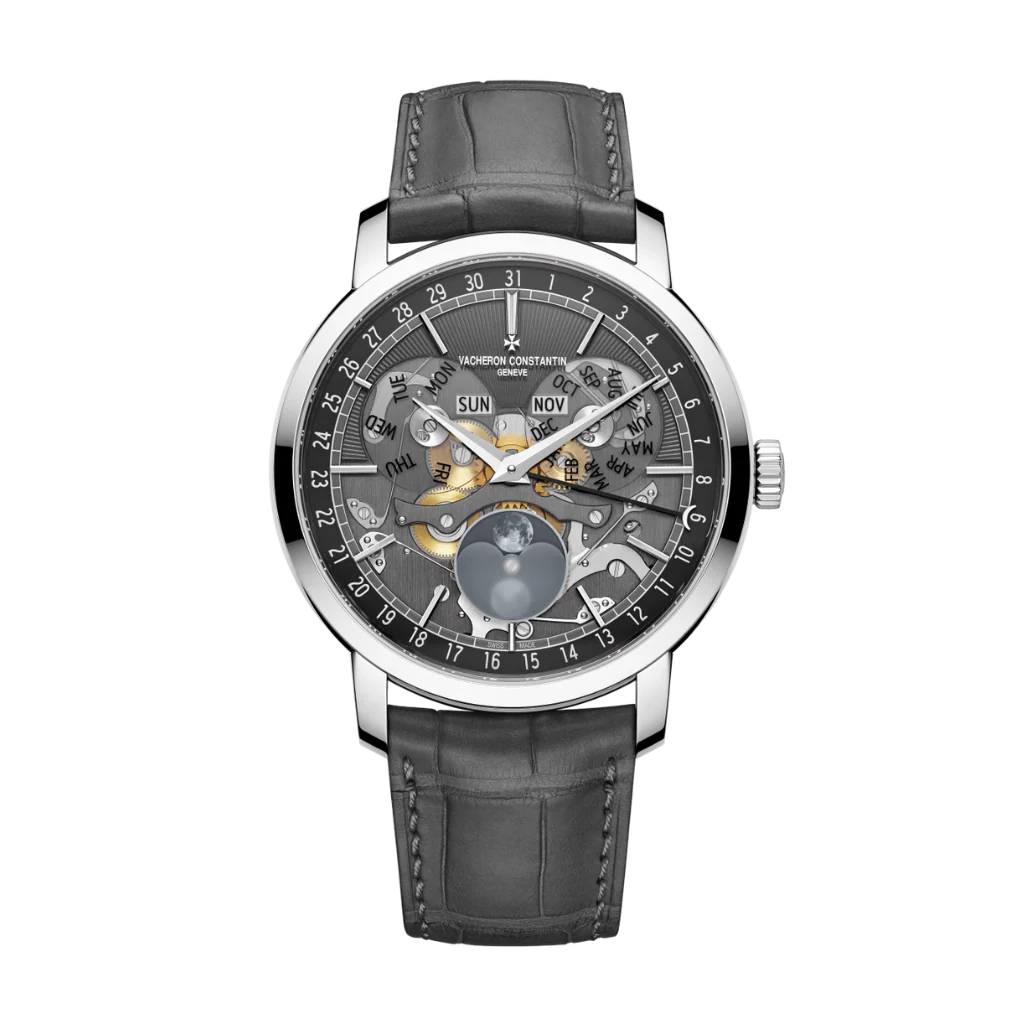 Vacheron Constantin Traditionnelle complete calendar openface 41 mm Black Dial White Gold Leather Strap 4020T/000G-B655