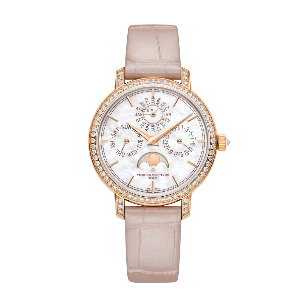 Vacheron Constantin Traditionnelle perpetual calendar ultra-thin 36.5 mm White Mother-Of-Pearl Dial with Diamonds 18K Pink Gold Leather Strap 4305T/000R-B947