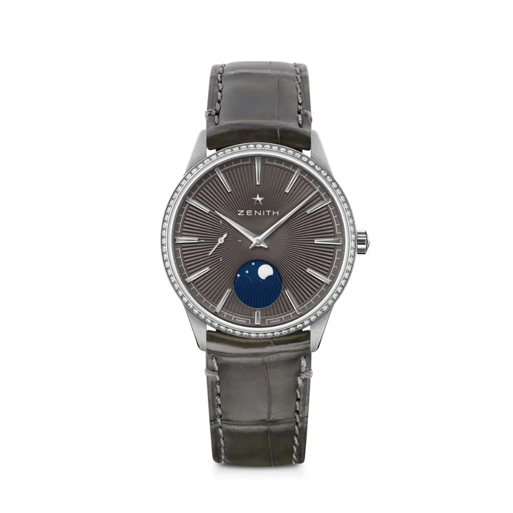 Zenith ELITE MOONPHASE 36 mm Grey Dial with Diamonds Stainless Steel Leather Strap 16.3200.692/03.C833